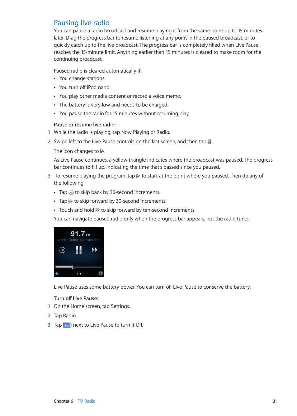 Pausing live radio | Apple iPod nano (6th generation) User Manual | Page 31 / 66