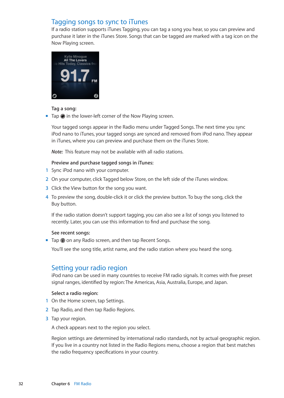 Tagging songs to sync to itunes, Setting your radio region | Apple iPod nano (6th generation) User Manual | Page 32 / 66