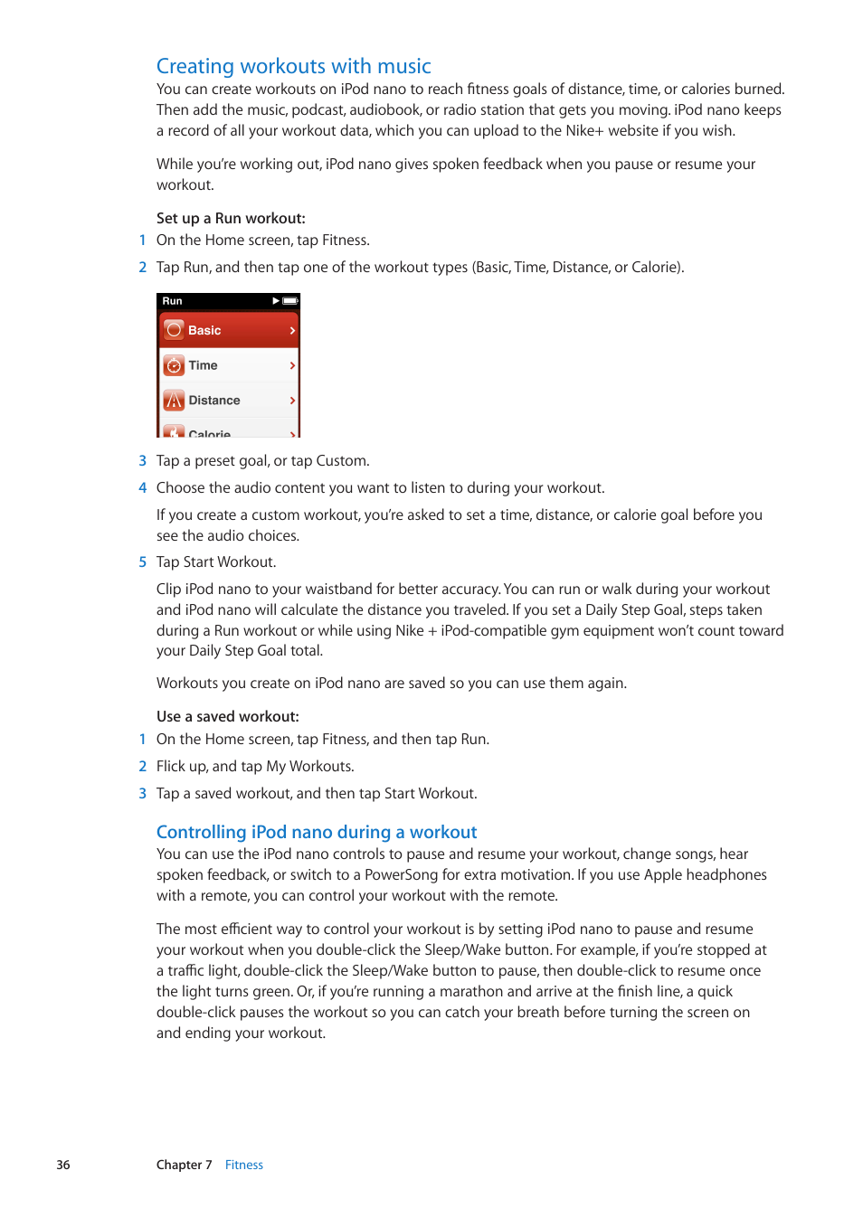 Creating workouts with music, 36 creating workouts with music, Controlling ipod nano during a workout | Apple iPod nano (6th generation) User Manual | Page 36 / 66