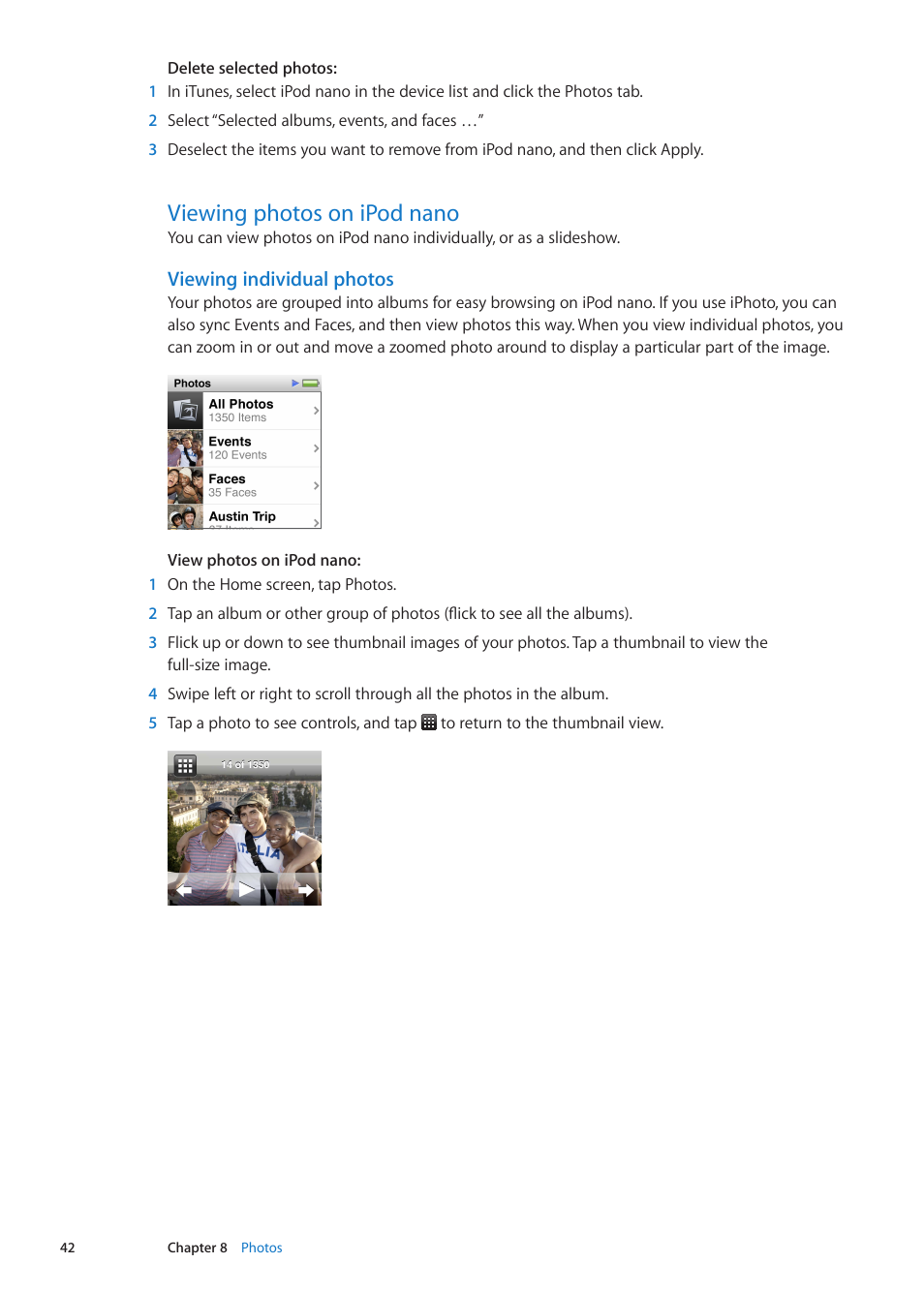 Viewing photos on ipod nano, 42 viewing photos on ipod nano, Viewing individual photos | Apple iPod nano (6th generation) User Manual | Page 42 / 66
