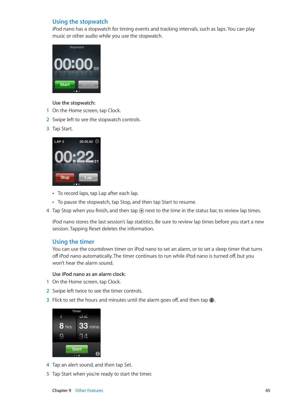 Using the stopwatch, Using the timer | Apple iPod nano (6th generation) User Manual | Page 45 / 66