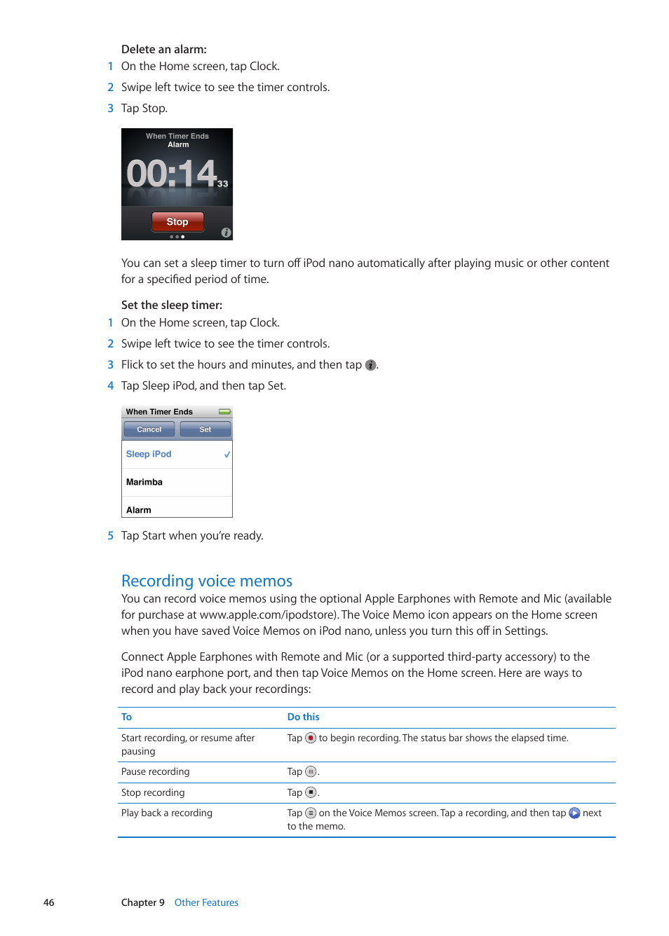 Recording voice memos, 46 recording voice memos | Apple iPod nano (6th generation) User Manual | Page 46 / 66