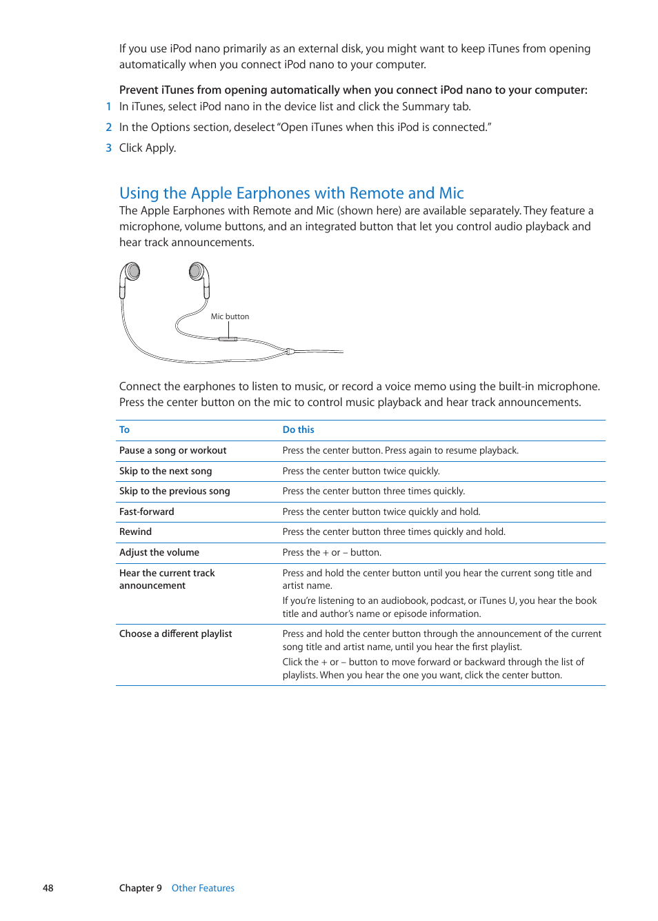 Using the apple earphones with remote and mic, 48 using the apple earphones with remote and mic | Apple iPod nano (6th generation) User Manual | Page 48 / 66