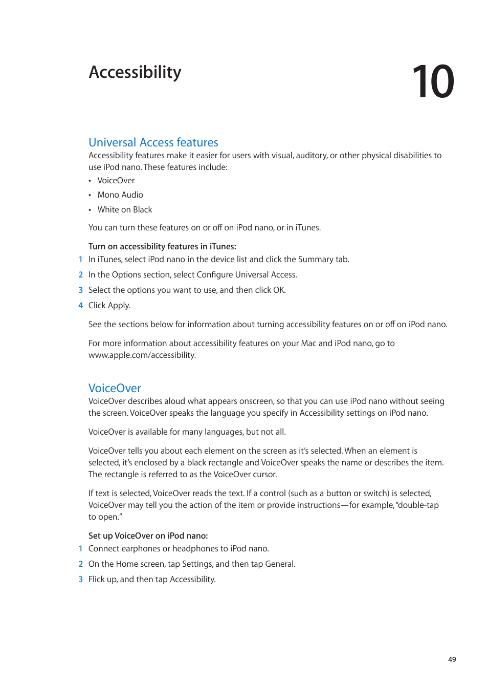 Chapter 10: accessibility, Universal access features, Voiceover | 49 universal access features 49 voiceover, Accessibility | Apple iPod nano (6th generation) User Manual | Page 49 / 66
