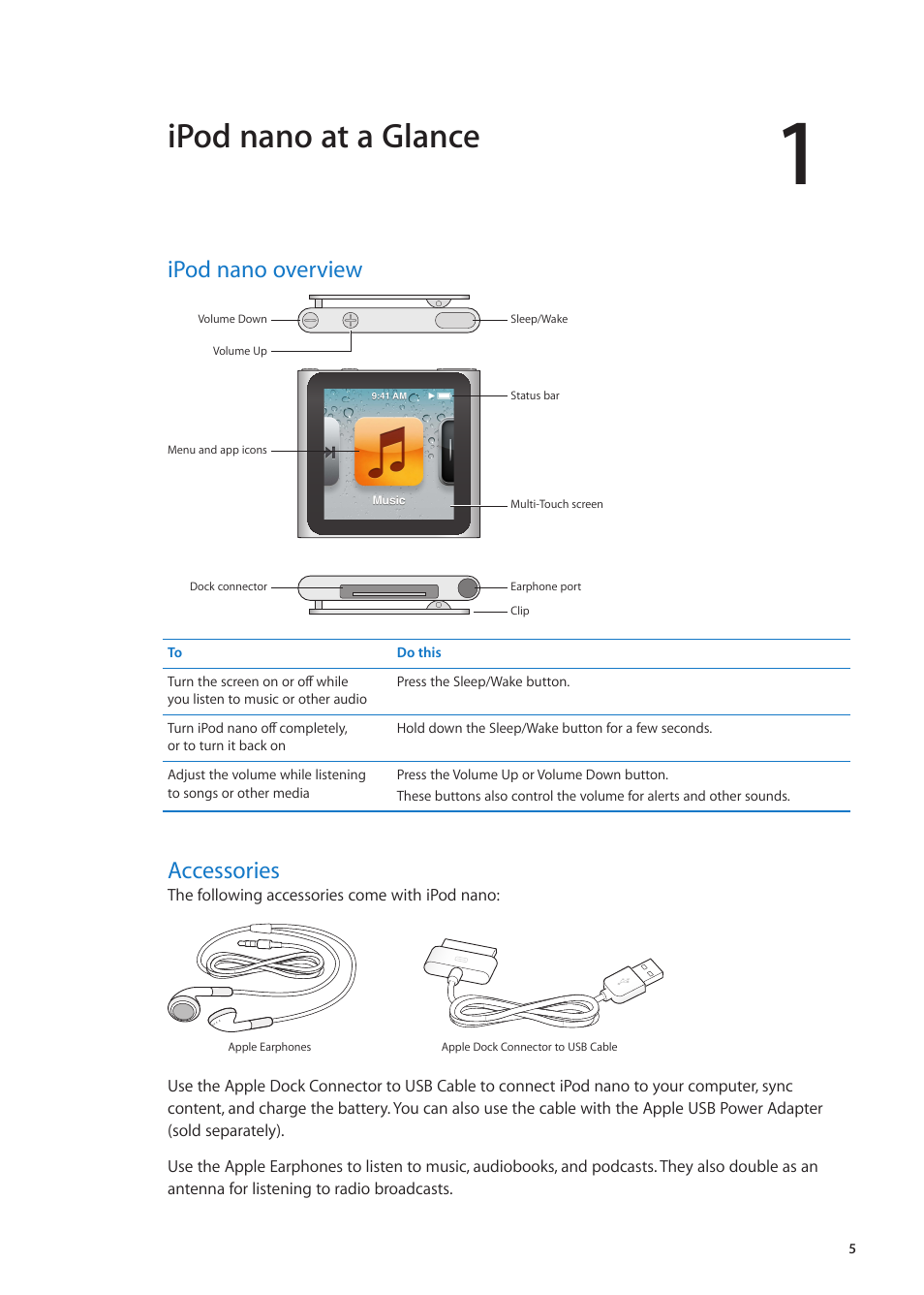 Chapter 1: ipod nano at a glance, Ipod nano overview, Accessories | Ipod nano at a glance | Apple iPod nano (6th generation) User Manual | Page 5 / 66
