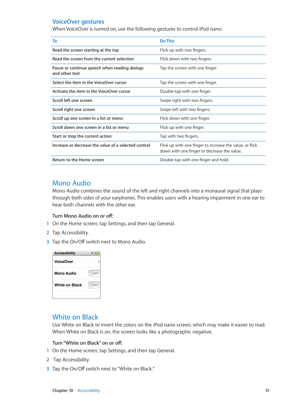 Mono audio, White on black, Voiceover gestures | Apple iPod nano (6th generation) User Manual | Page 51 / 66