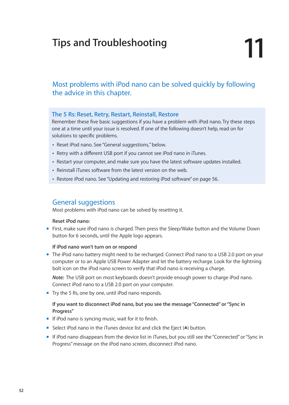Chapter 11: tips and troubleshooting, General suggestions, 52 general suggestions | Tips and troubleshooting | Apple iPod nano (6th generation) User Manual | Page 52 / 66
