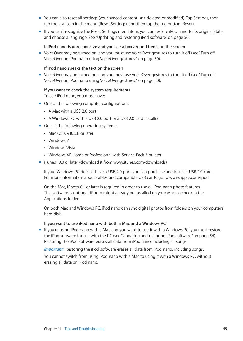 If you want to check the system, Requirements | Apple iPod nano (6th generation) User Manual | Page 55 / 66