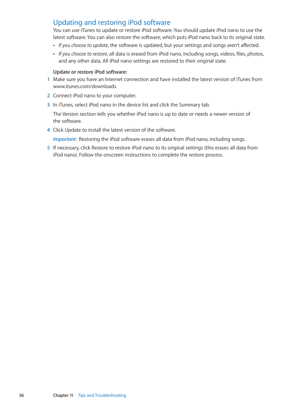 Updating and restoring ipod software, 56 updating and restoring ipod software | Apple iPod nano (6th generation) User Manual | Page 56 / 66