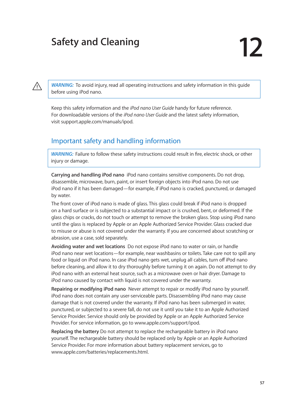 Chapter 12: safety and cleaning, Important safety and handling information, 57 important safety and handling information | Safety and cleaning | Apple iPod nano (6th generation) User Manual | Page 57 / 66