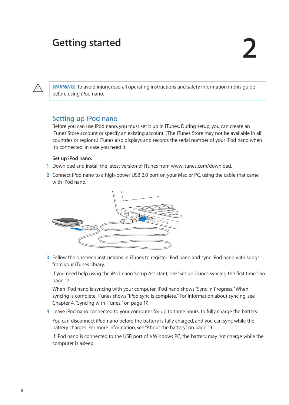 Chapter 2: getting started, Setting up ipod nano, Getting started | Apple iPod nano (6th generation) User Manual | Page 8 / 66