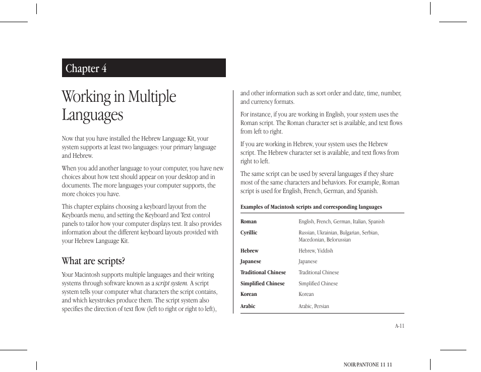 Working in multiple languages, Chapter 4, What are scripts | Apple Macintosh Hebrew Language Kit User Manual | Page 14 / 26