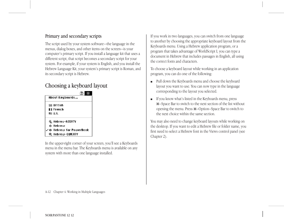 Choosing a keyboard layout, Primary and secondary scripts | Apple Macintosh Hebrew Language Kit User Manual | Page 15 / 26