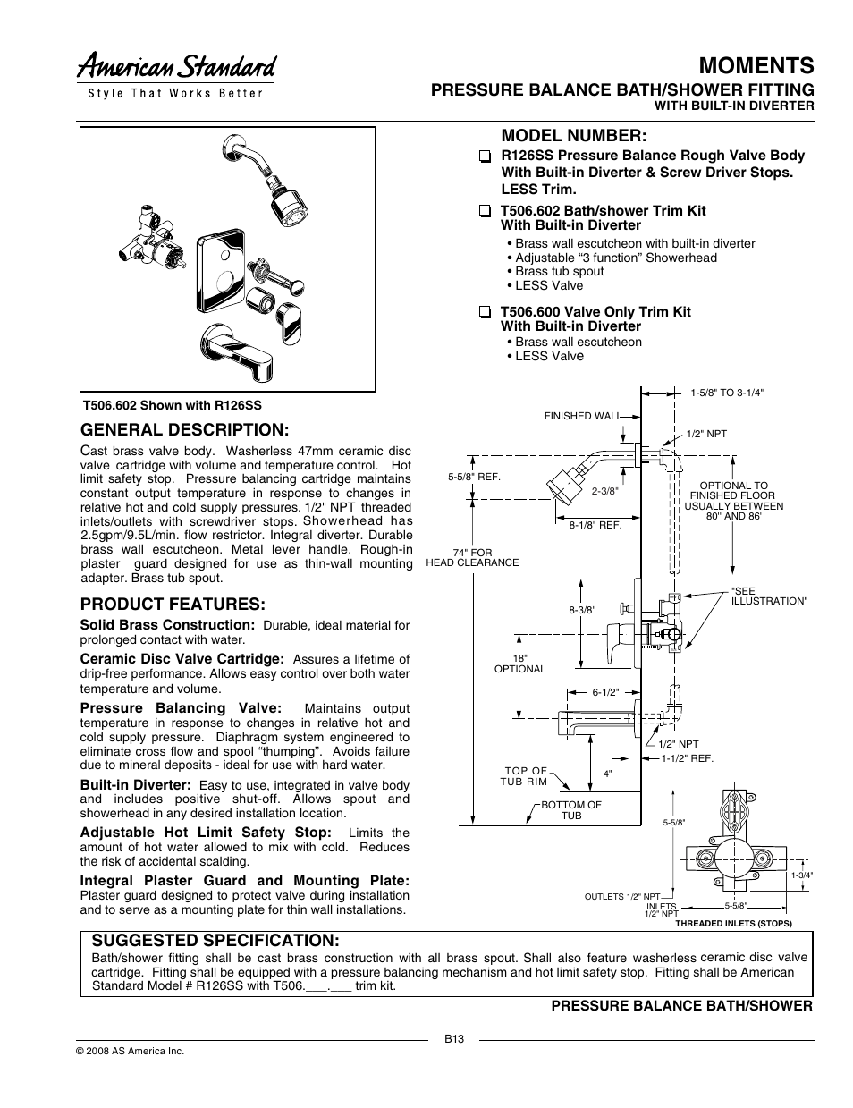 American Standard Moments Bath/Shower Fitting R126SS User Manual | 2 pages