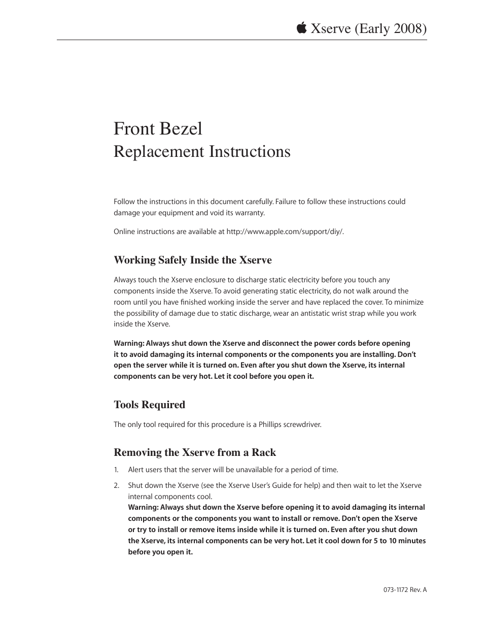 Apple Xserve (Early 2008) DIY Procedure for Front Bezel User Manual | 5 pages