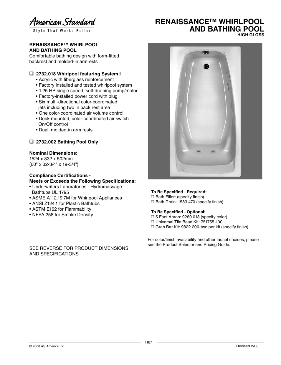 American Standard Whirlpool and Bathing Pool 2732.002 User Manual | 2 pages
