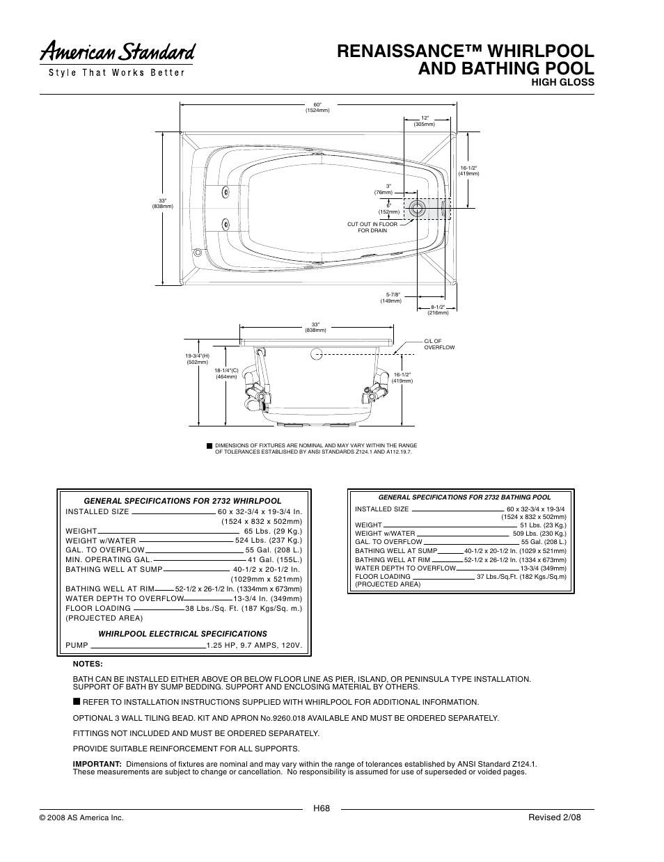 Renaissance™ whirlpool and bathing pool, High gloss | American Standard Whirlpool and Bathing Pool 2732.002 User Manual | Page 2 / 2