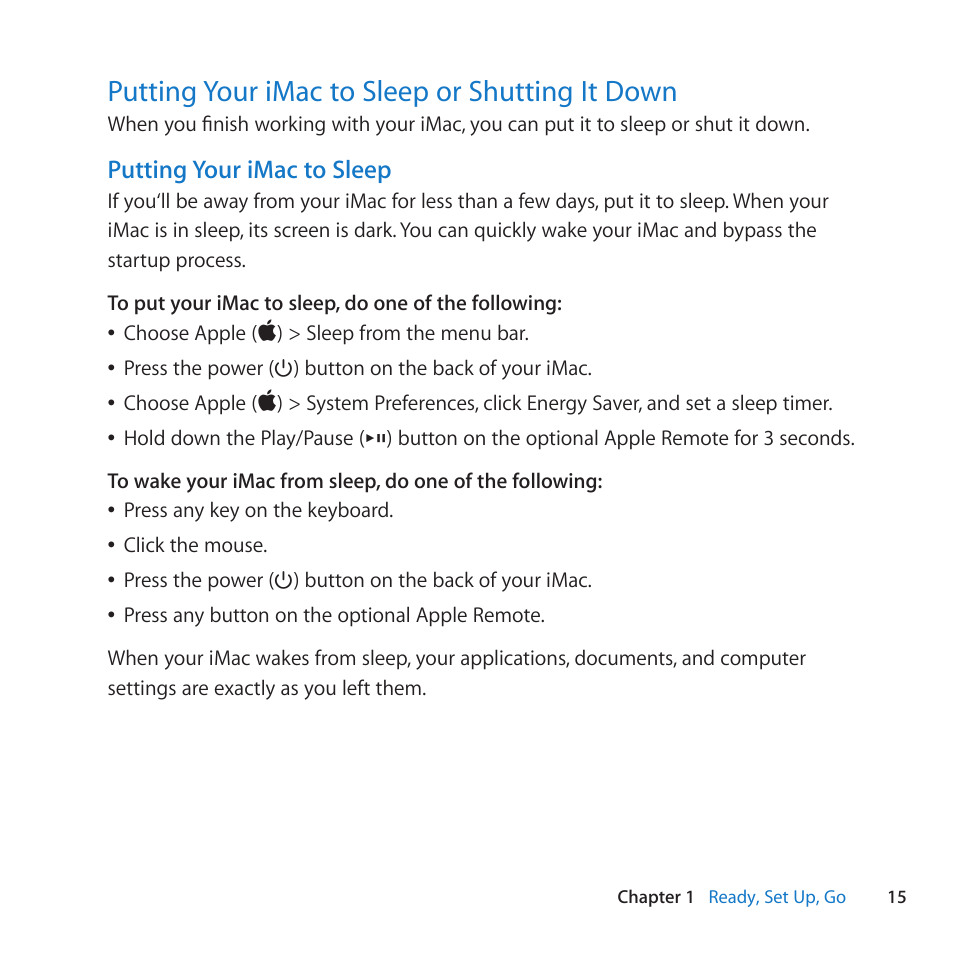 Putting your imac to sleep or shutting it down, 15 putting your imac to sleep or shutting it down | Apple iMac (21.5-inch and 27-inch, Mid 2010) User Manual | Page 15 / 80