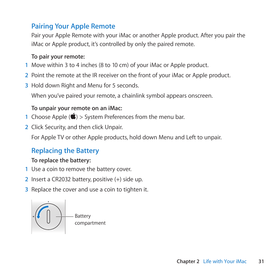 Pairing your apple remote, Replacing the battery | Apple iMac (21.5-inch and 27-inch, Mid 2010) User Manual | Page 31 / 80