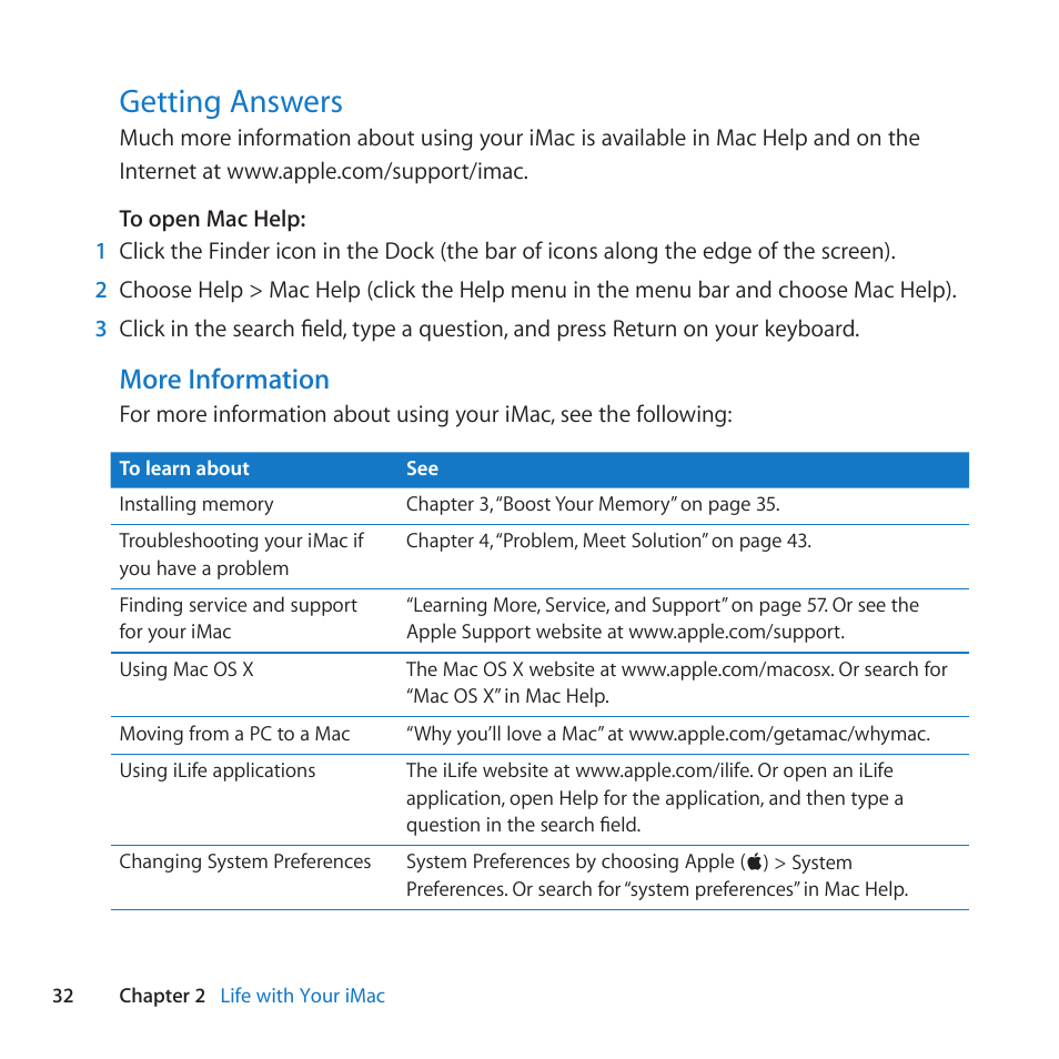 Getting answers, 32 getting answers, More information | Apple iMac (21.5-inch and 27-inch, Mid 2010) User Manual | Page 32 / 80