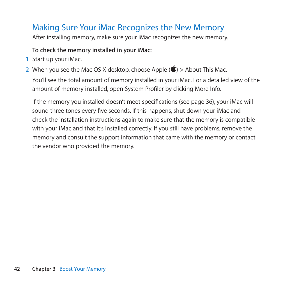 Making sure your imac recognizes the new memory, 42 making sure your imac recognizes the new memory | Apple iMac (21.5-inch and 27-inch, Mid 2010) User Manual | Page 42 / 80