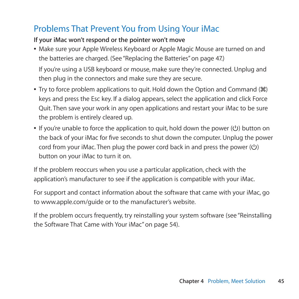 Problems that prevent you from using your imac, 45 problems that prevent you from using your imac | Apple iMac (21.5-inch and 27-inch, Mid 2010) User Manual | Page 45 / 80