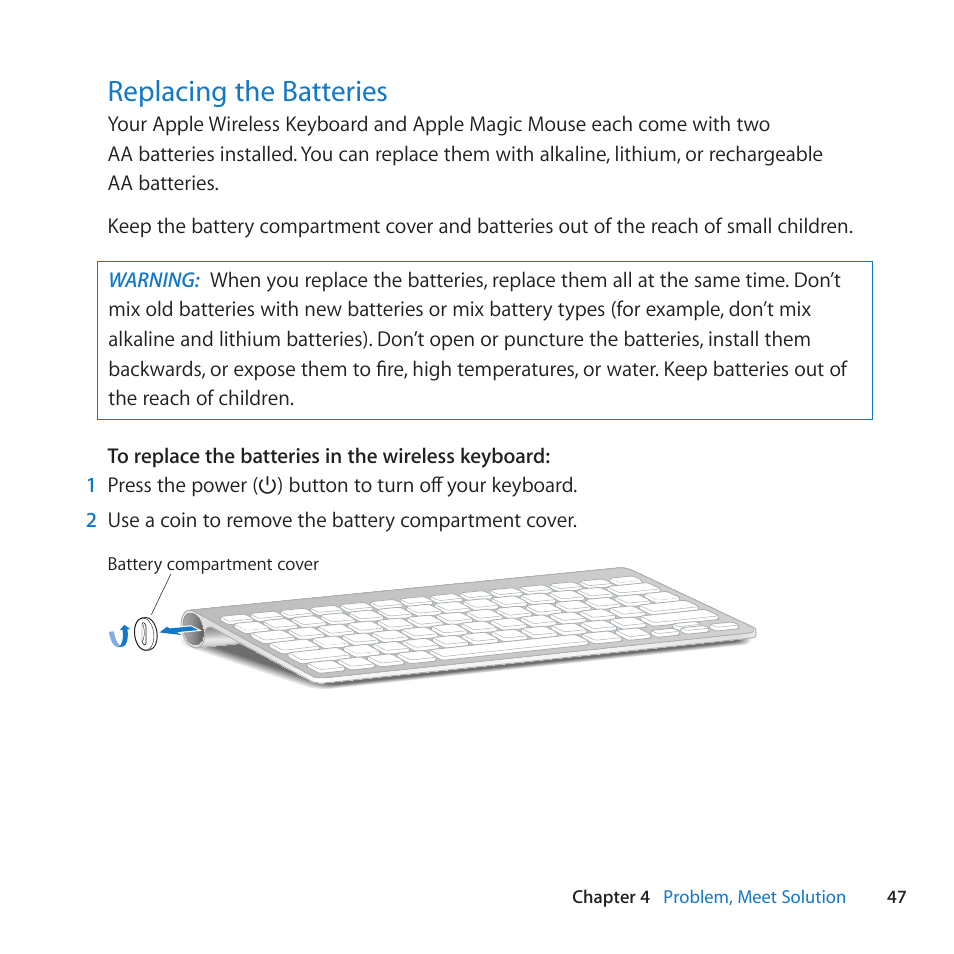 Replacing the batteries, 47 replacing the batteries | Apple iMac (21.5-inch and 27-inch, Mid 2010) User Manual | Page 47 / 80