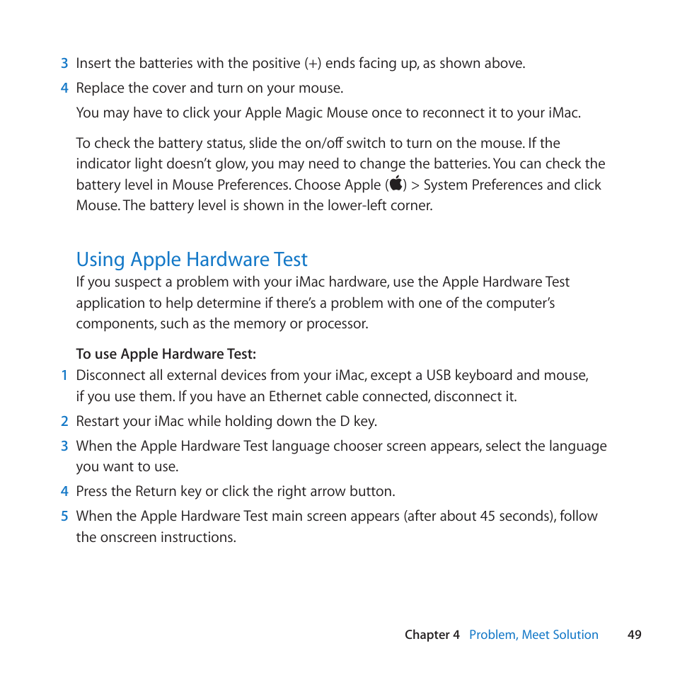 Using apple hardware test, 49 using apple hardware test | Apple iMac (21.5-inch and 27-inch, Mid 2010) User Manual | Page 49 / 80