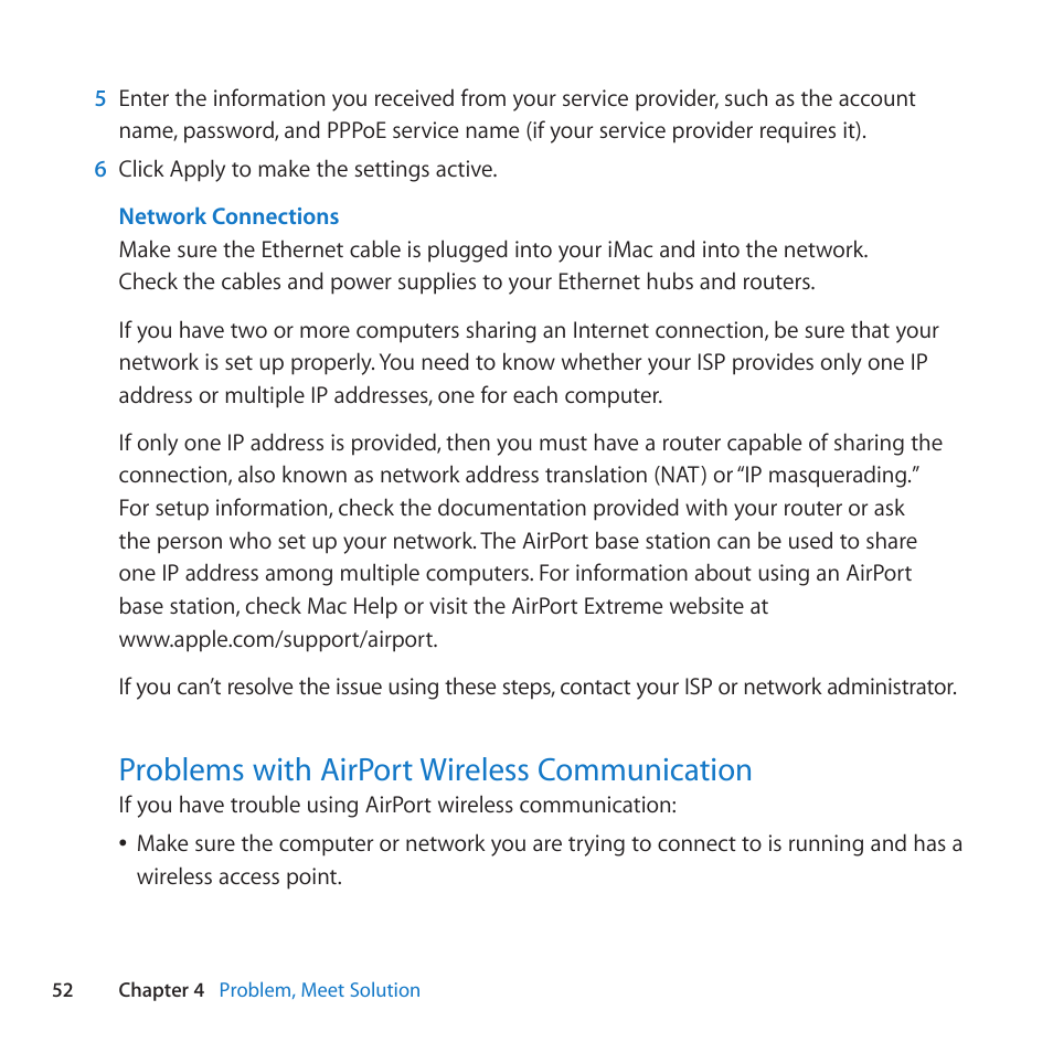 Problems with airport wireless communication, 52 problems with airport wireless communication | Apple iMac (21.5-inch and 27-inch, Mid 2010) User Manual | Page 52 / 80