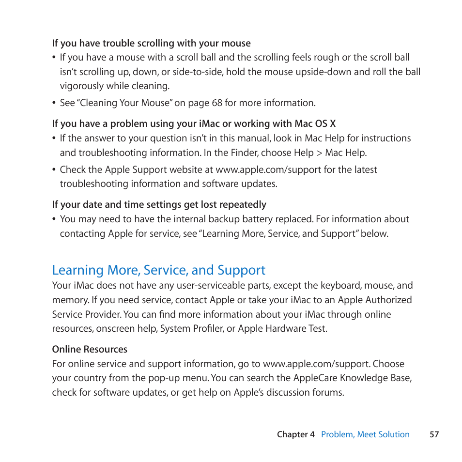 Learning more, service, and support, 57 learning more, service, and support | Apple iMac (21.5-inch and 27-inch, Mid 2010) User Manual | Page 57 / 80