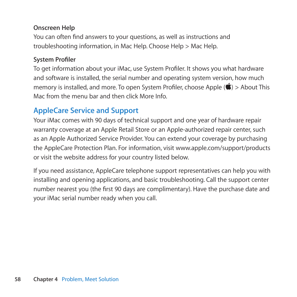 Applecare service and support | Apple iMac (21.5-inch and 27-inch, Mid 2010) User Manual | Page 58 / 80