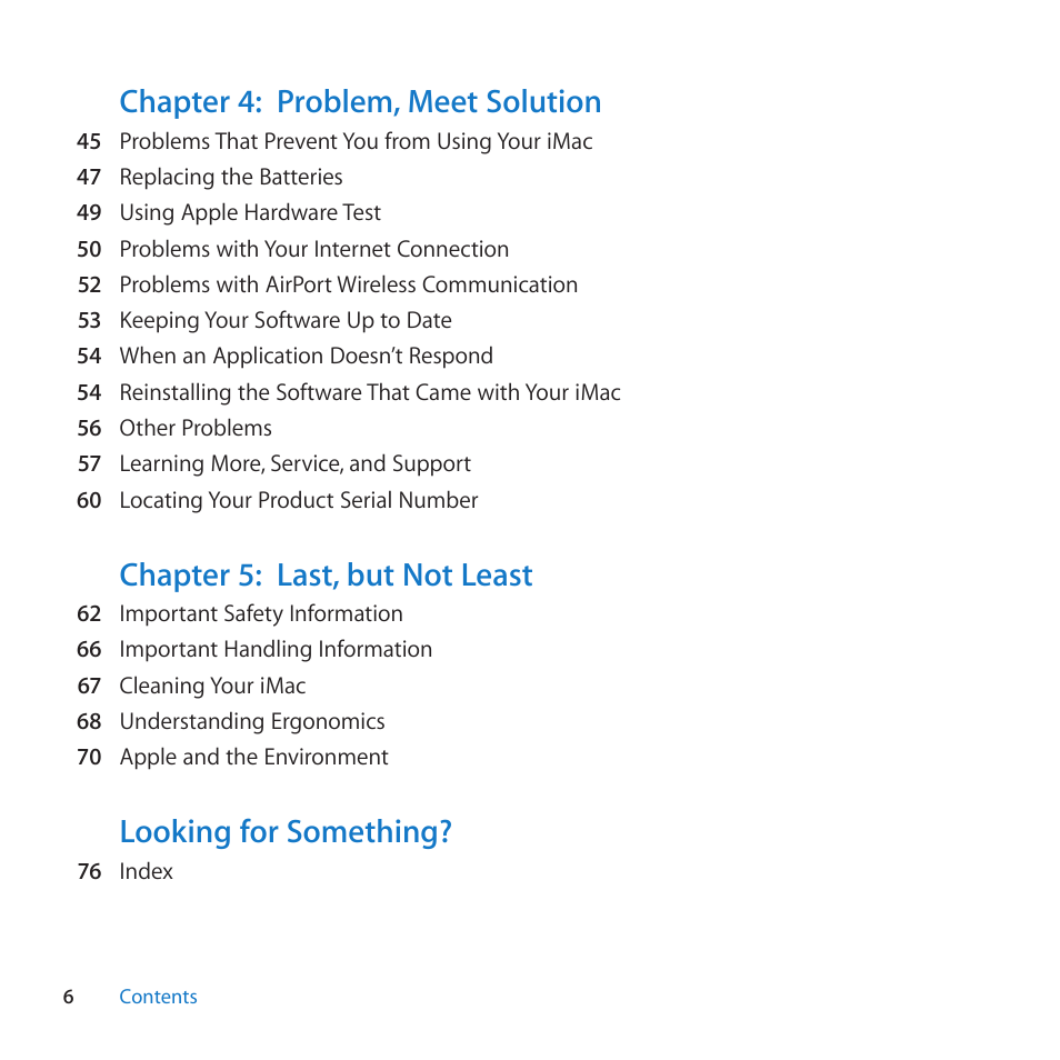 Chapter 4: problem, meet solution, Chapter 5: last, but not least, Looking for something | Apple iMac (21.5-inch and 27-inch, Mid 2010) User Manual | Page 6 / 80