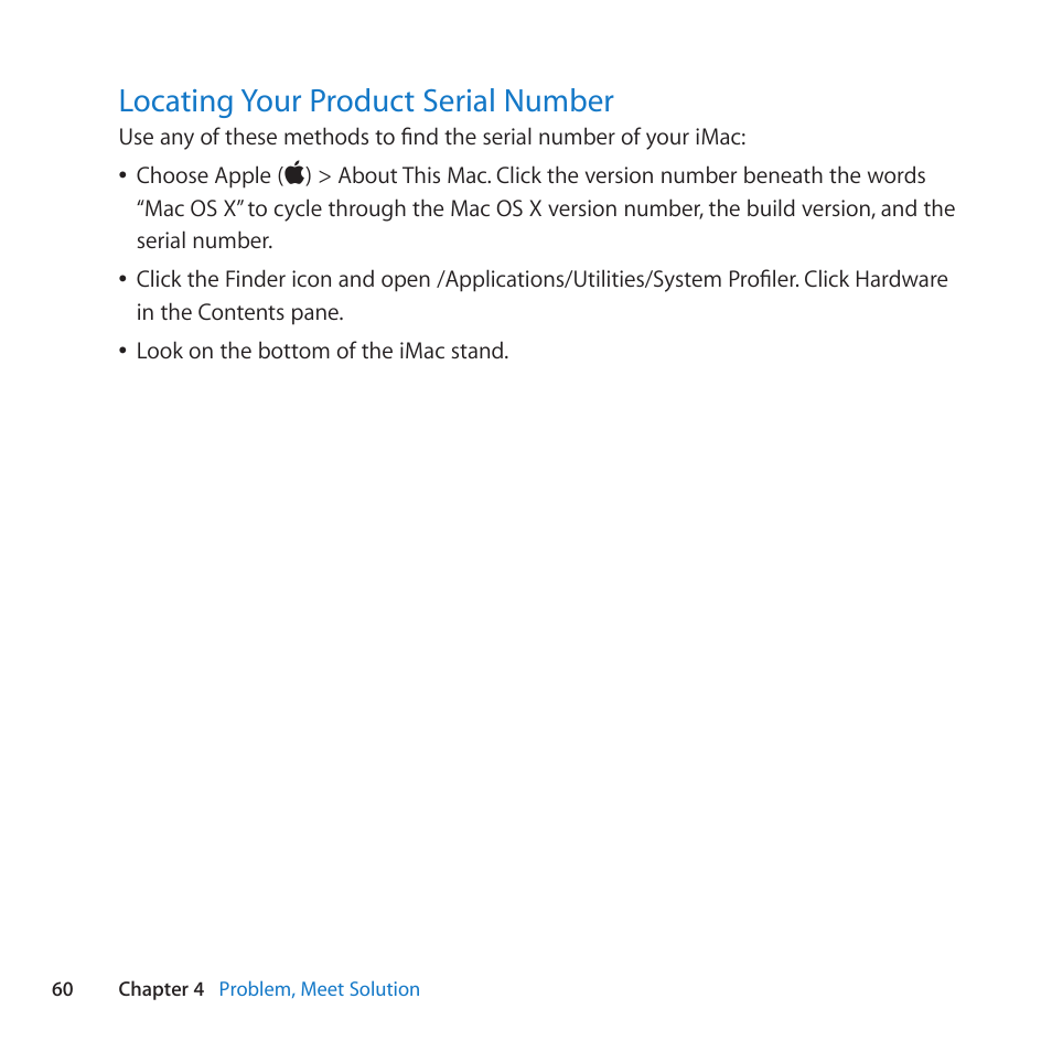 Locating your product serial number, 60 locating your product serial number | Apple iMac (21.5-inch and 27-inch, Mid 2010) User Manual | Page 60 / 80