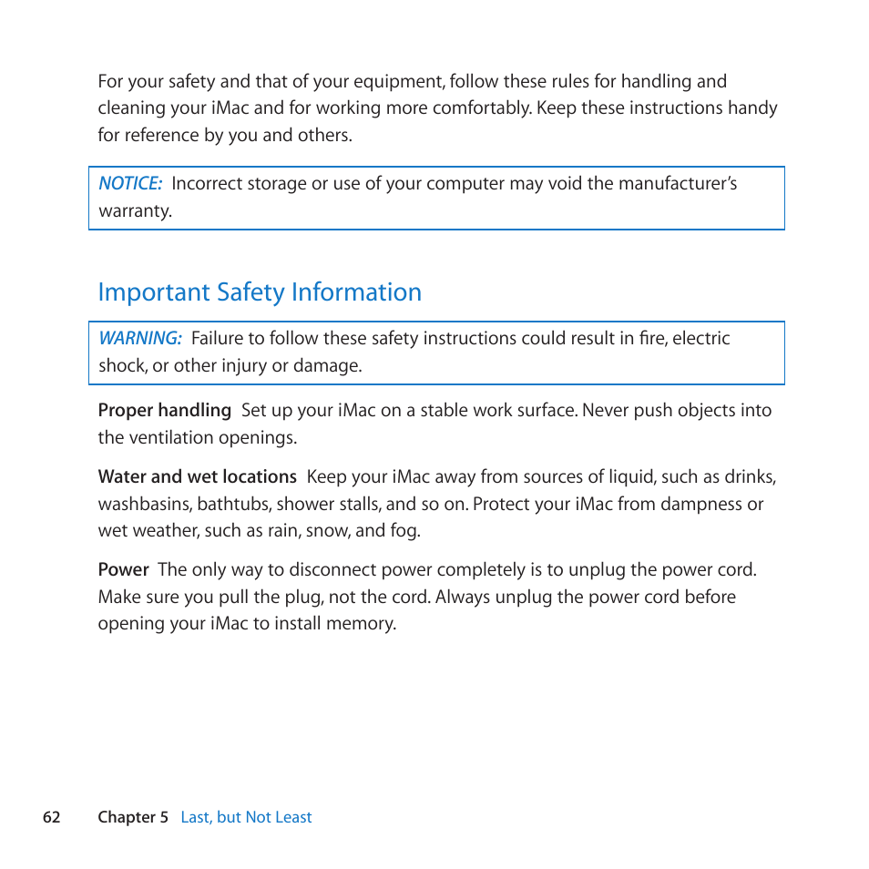 Important safety information, 62 important safety information | Apple iMac (21.5-inch and 27-inch, Mid 2010) User Manual | Page 62 / 80