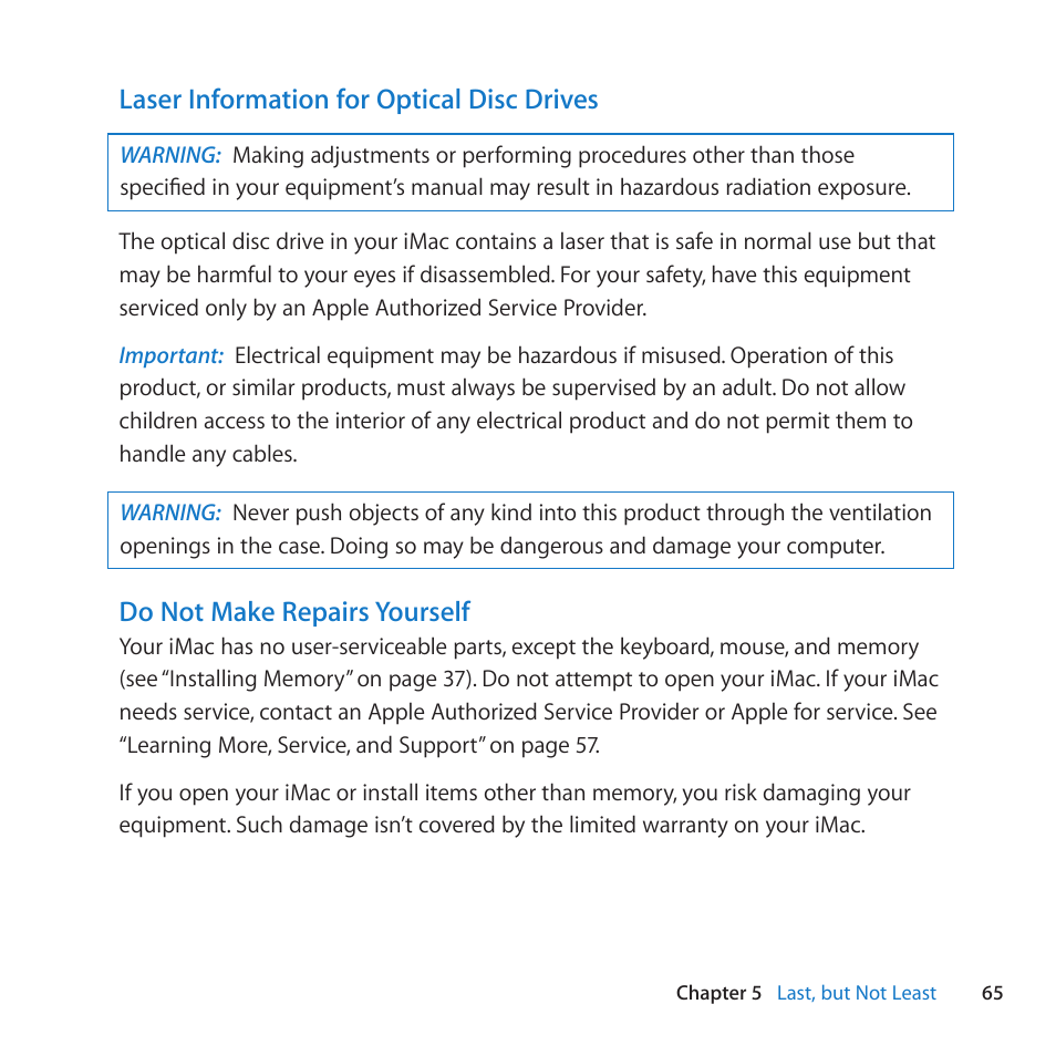 Laser information for optical disc drives, Do not make repairs yourself | Apple iMac (21.5-inch and 27-inch, Mid 2010) User Manual | Page 65 / 80