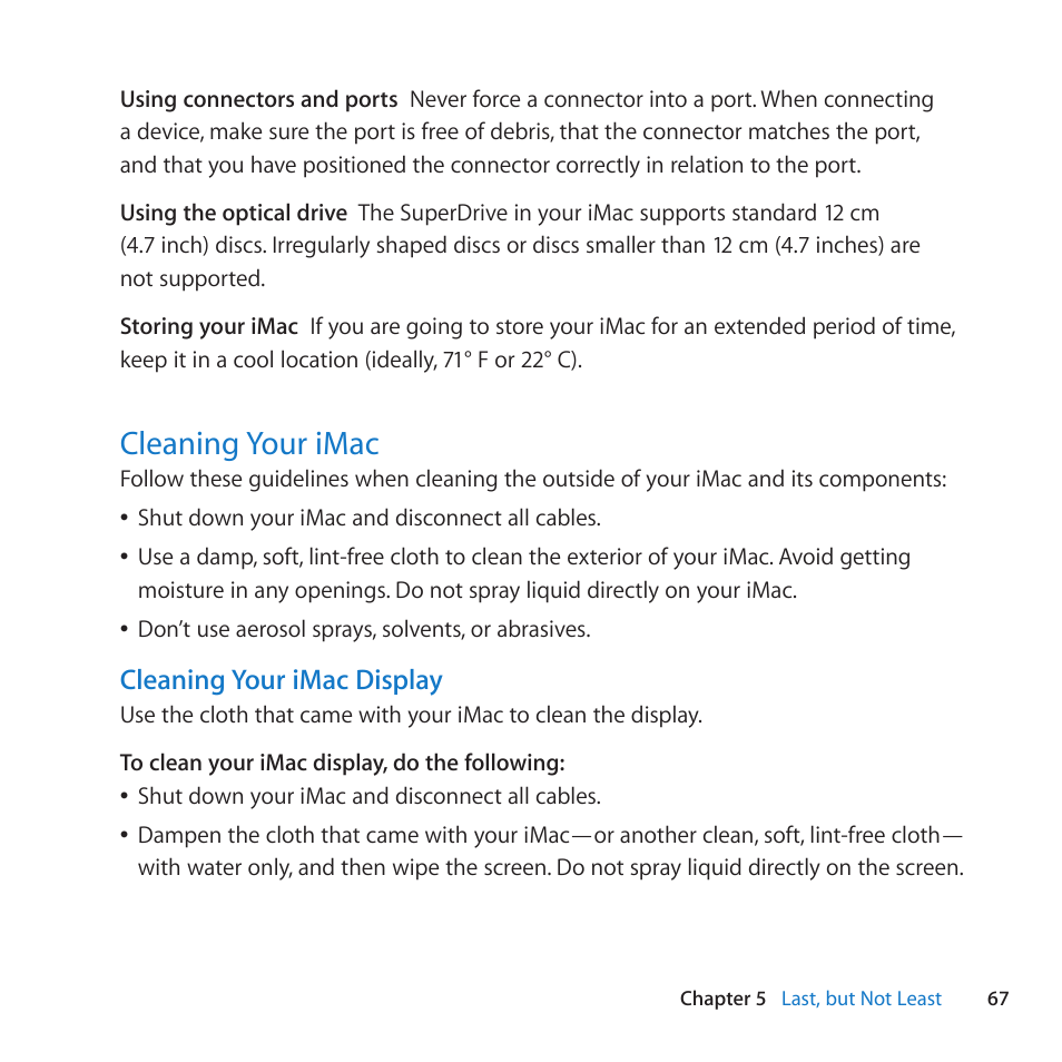 Cleaning your imac, 67 cleaning your imac | Apple iMac (21.5-inch and 27-inch, Mid 2010) User Manual | Page 67 / 80