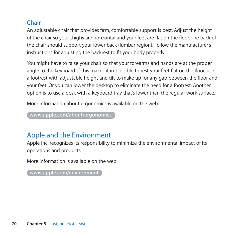 Apple and the environment, 70 apple and the environment, Chair | Apple iMac (21.5-inch and 27-inch, Mid 2010) User Manual | Page 70 / 80