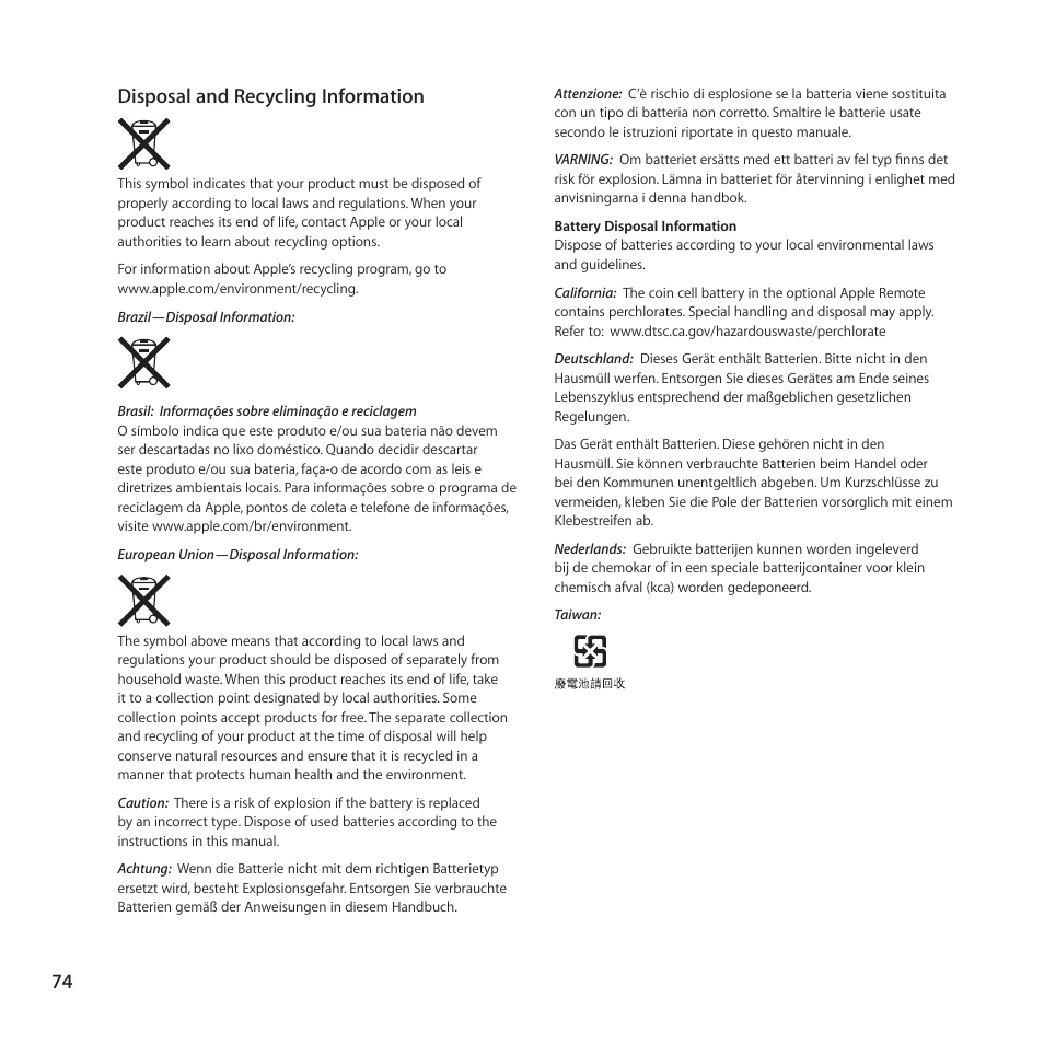 74 disposal and recycling information | Apple iMac (21.5-inch and 27-inch, Mid 2010) User Manual | Page 74 / 80