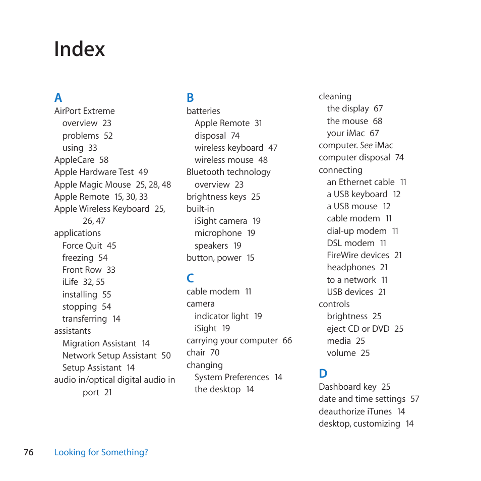 Index, 76 index | Apple iMac (21.5-inch and 27-inch, Mid 2010) User Manual | Page 76 / 80