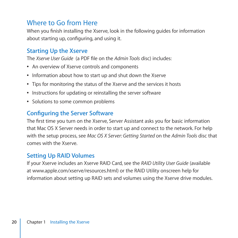 Where to go from here, 20 where to go from here | Apple Xserve (Early 2009) User Manual | Page 20 / 60
