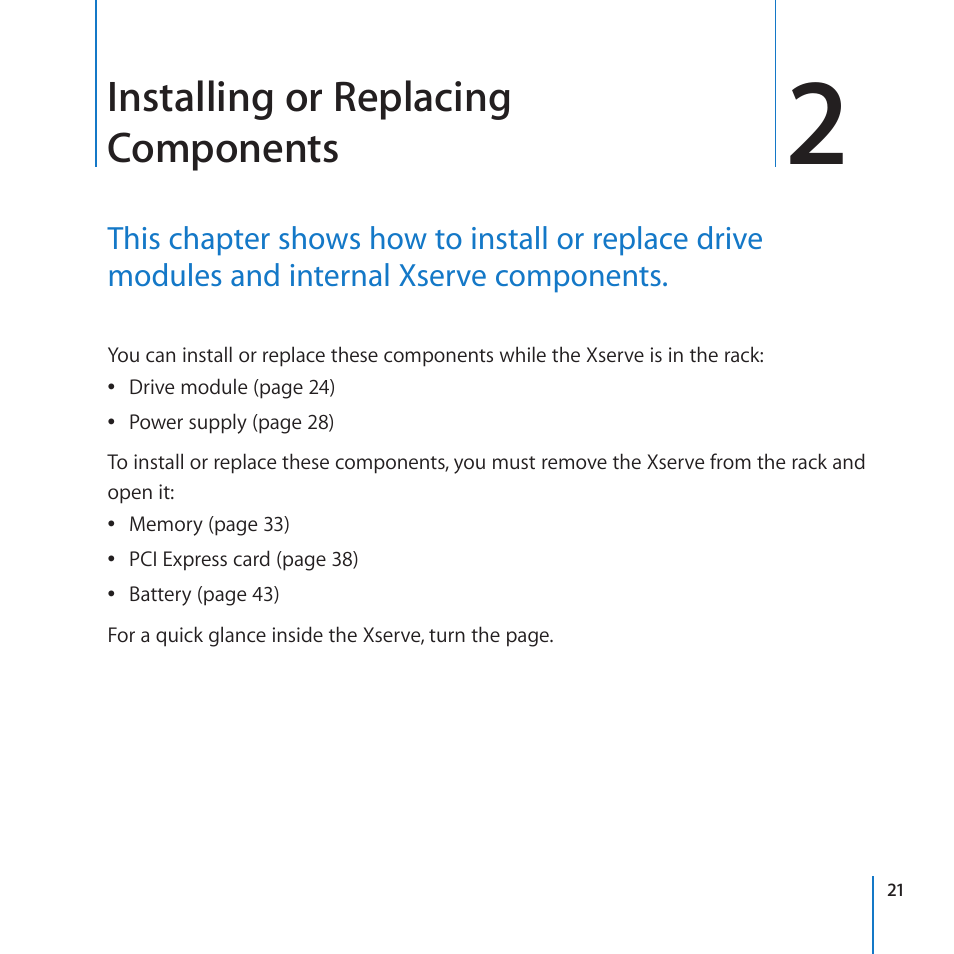 Chapter 2: installing or replacing components, Installing or replacing components | Apple Xserve (Early 2009) User Manual | Page 21 / 60