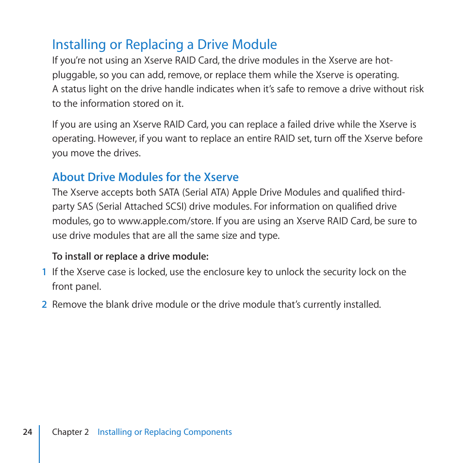 Installing or replacing a drive module, 24 installing or replacing a drive module, About drive modules for the xserve | Apple Xserve (Early 2009) User Manual | Page 24 / 60