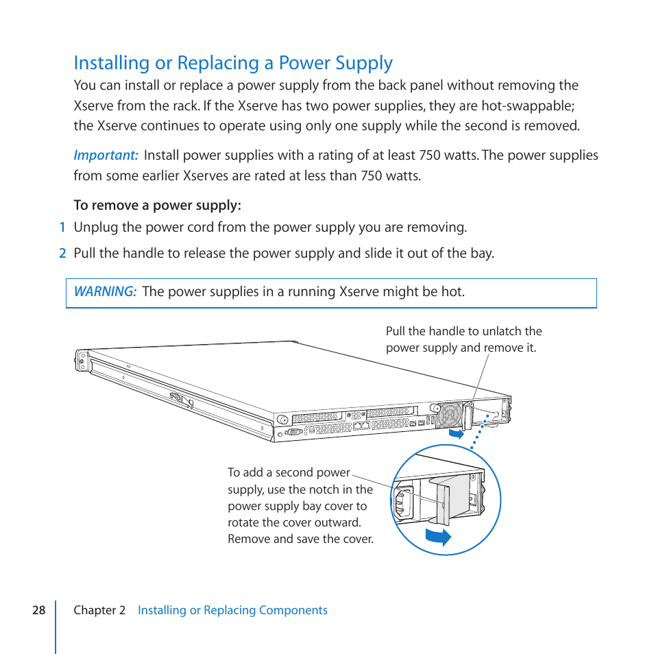 Installing or replacing a power supply, 28 installing or replacing a power supply | Apple Xserve (Early 2009) User Manual | Page 28 / 60