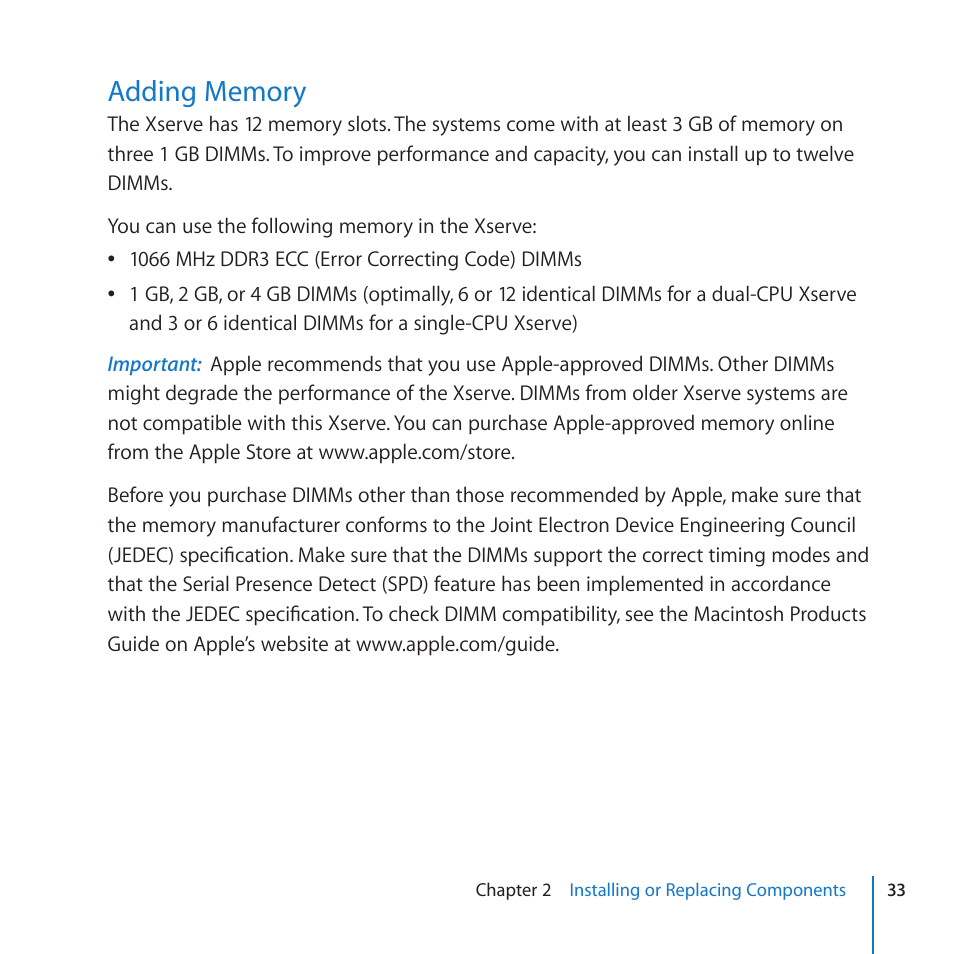 Adding memory, 33 adding memory | Apple Xserve (Early 2009) User Manual | Page 33 / 60
