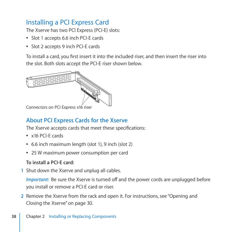 Installing a pci express card, 38 installing a pci express card, About pci express cards for the xserve | Apple Xserve (Early 2009) User Manual | Page 38 / 60