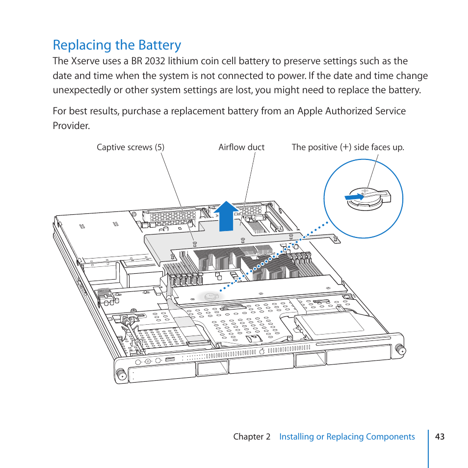 Replacing the battery, 43 replacing the battery | Apple Xserve (Early 2009) User Manual | Page 43 / 60