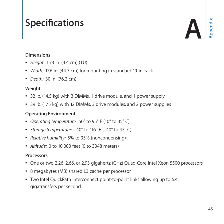 Appendix a: specifications, Specifications | Apple Xserve (Early 2009) User Manual | Page 45 / 60