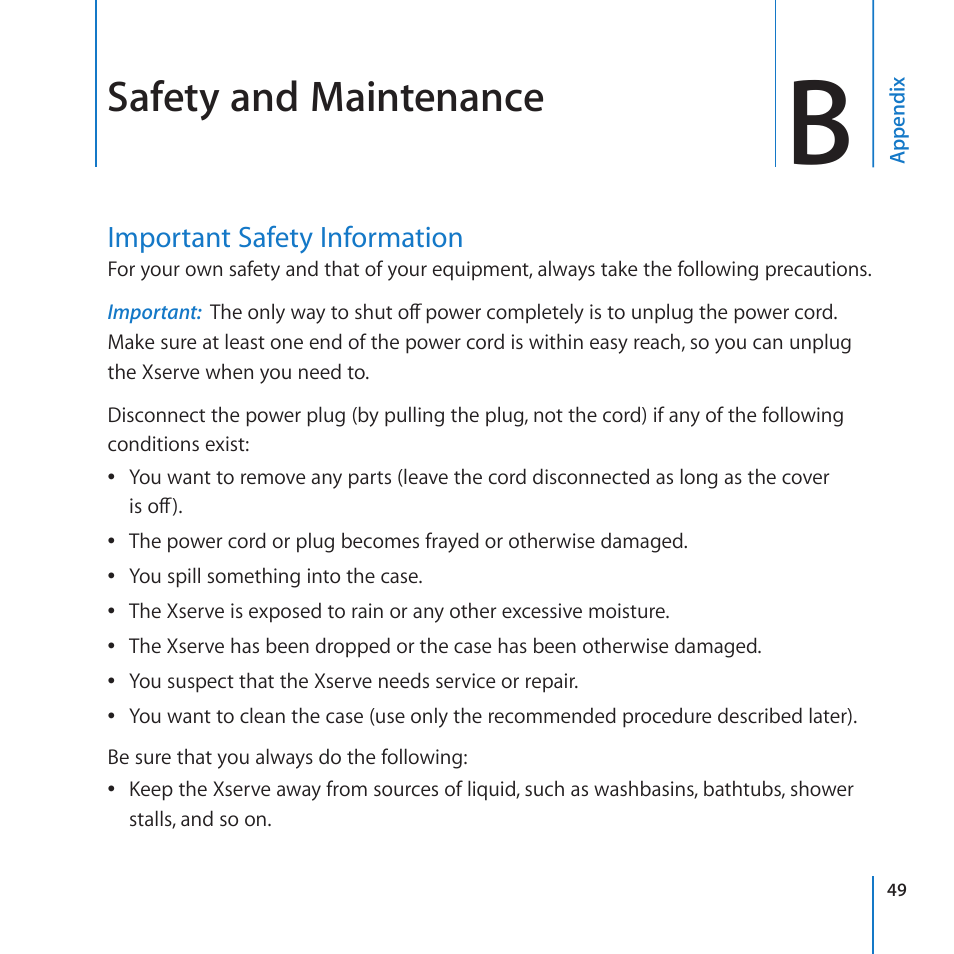 Appendix b: safety and maintenance, Important safety information, 49 important safety information | Safety and maintenance | Apple Xserve (Early 2009) User Manual | Page 49 / 60