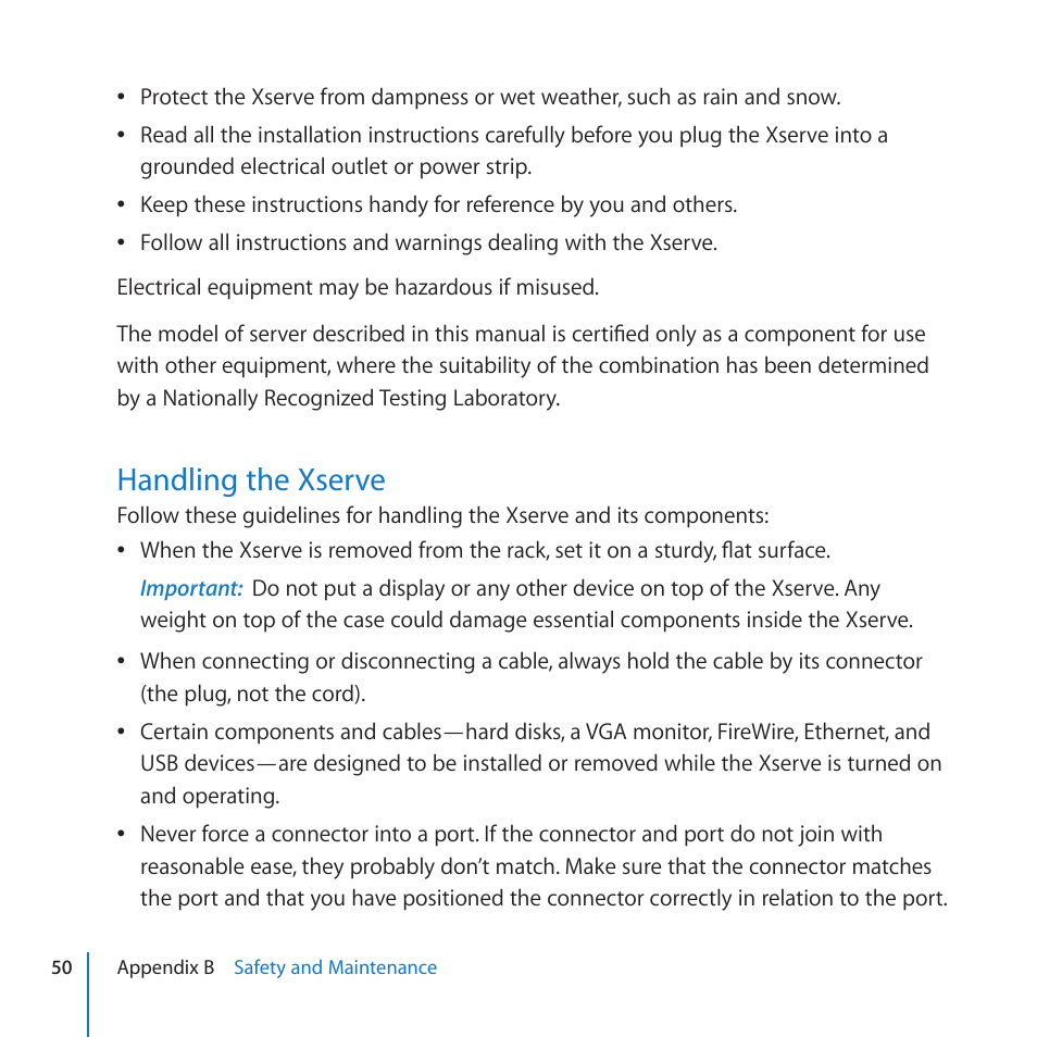 Handling the xserve, 50 handling the xserve | Apple Xserve (Early 2009) User Manual | Page 50 / 60