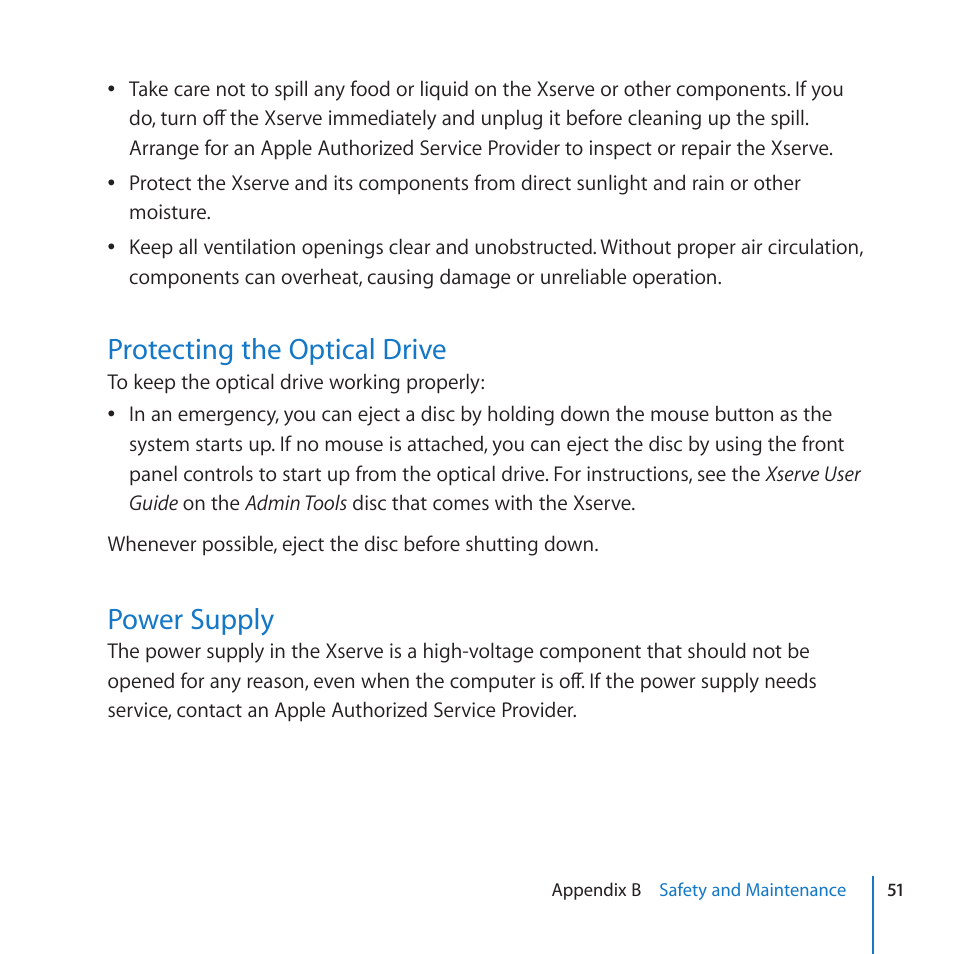 Protecting the optical drive, Power supply, 51 protecting the optical drive 51 power supply | Apple Xserve (Early 2009) User Manual | Page 51 / 60